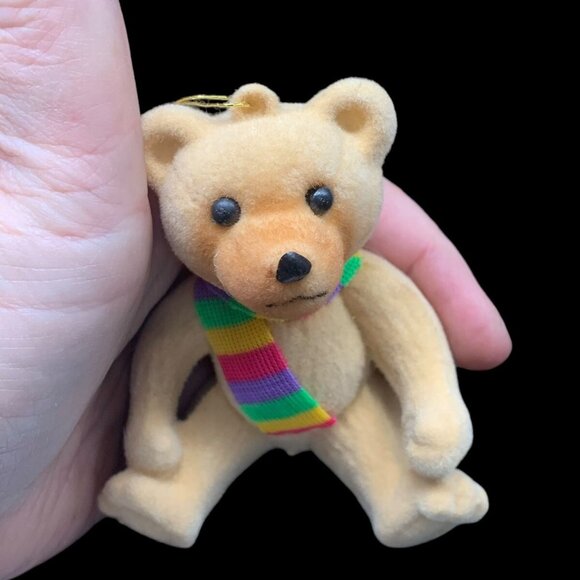 Vintage Blow Mold Flocked Teddy Bear w Rainbow Scarf Christmas Ornament - Picture 1 of 7